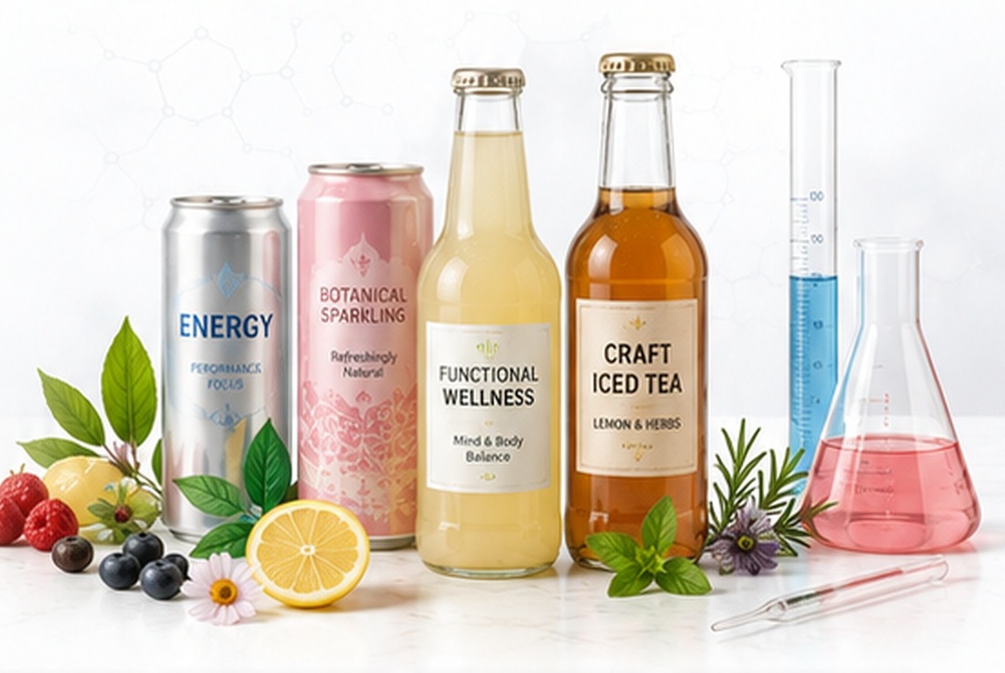 Beverage formulation concepts with laboratory glassware, fruits and botanicals
