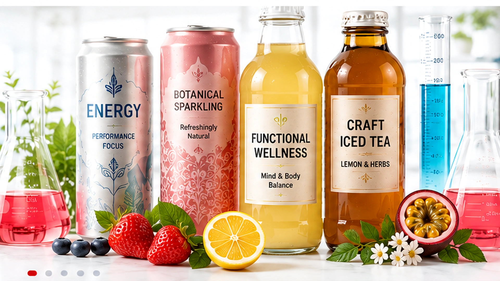Beverage concepts, fruits, botanicals and laboratory glassware